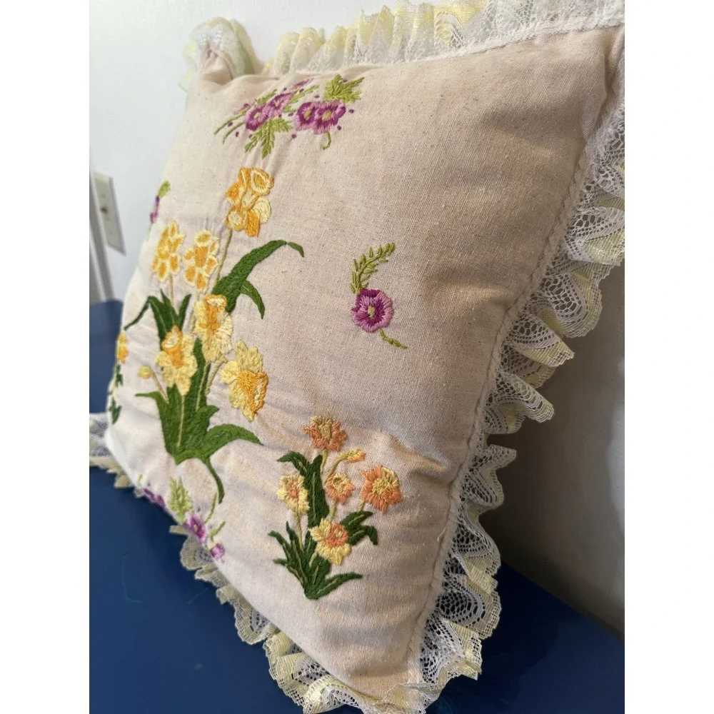 Vintage Crewel Embroidered Floral Throw Pillow Lace Cottagecore